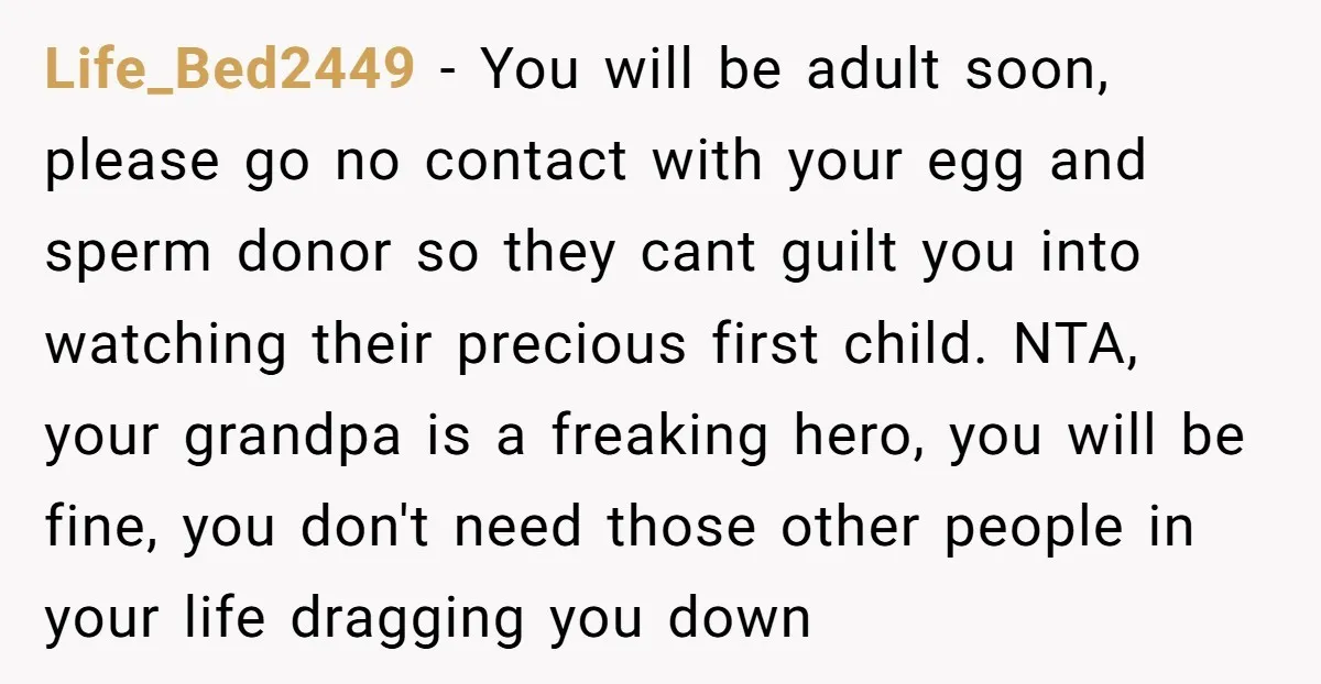 Life_Bed2449 − You will be adult soon, please go no contact with your egg and sperm donor so they cant guilt you into watching their precious first child. NTA, your...