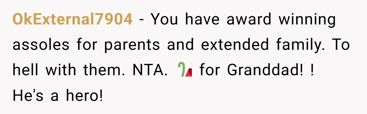 OkExternal7904 − You have award winning assoles for parents and extended family. To hell with them. NTA. 🎉 for Granddad! ! He's a hero!