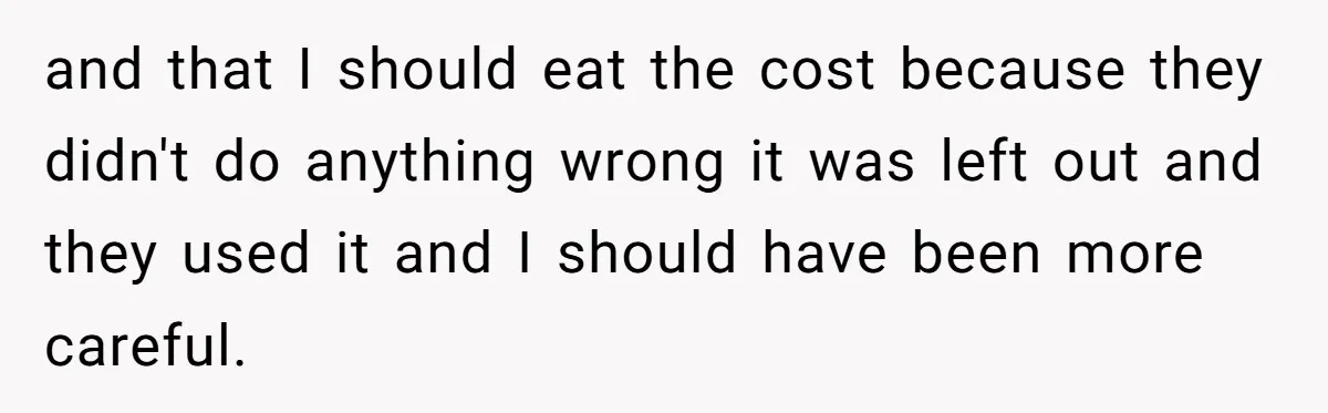 and that I should eat the cost because they didn't do anything wrong it was left out and they used it and I should have been more careful.