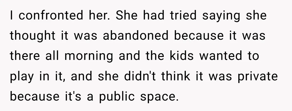 I confronted her. She had tried saying she thought it was abandoned because it was there all morning and the kids wanted to play in it, and she didn't think...