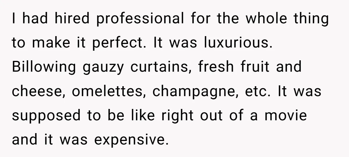 I had hired professional for the whole thing to make it perfect. It was luxurious. Billowing gauzy curtains, fresh fruit and cheese, omelettes, champagne, etc. It was supposed to be...