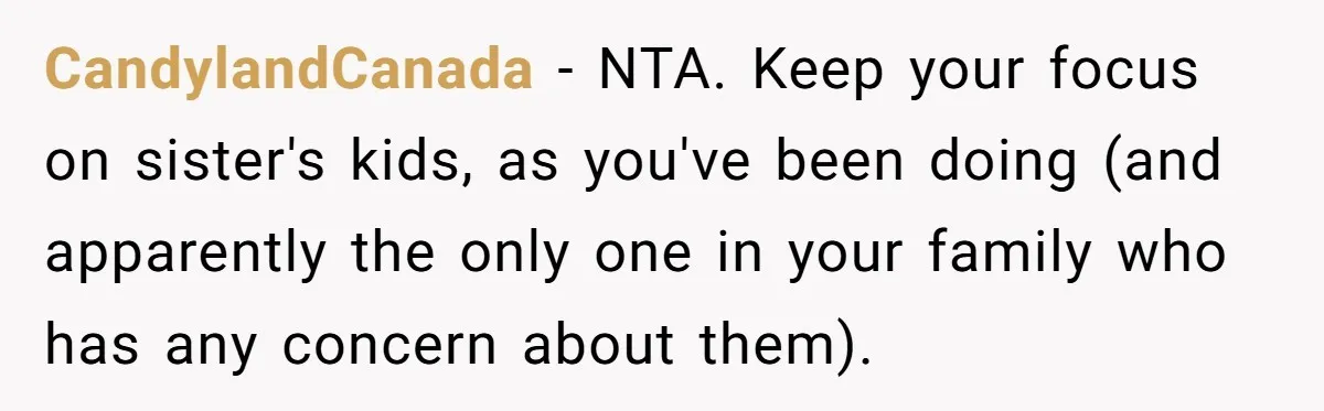 CandylandCanada − NTA. Keep your focus on sister's kids, as you've been doing (and apparently the only one in your family who has any concern about them).