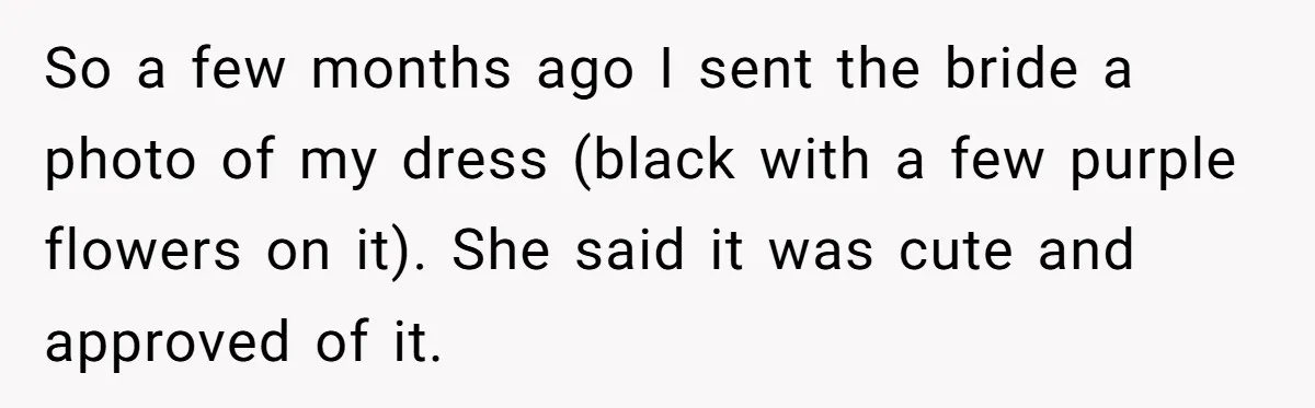 So a few months ago I sent the bride a photo of my dress (black with a few purple flowers on it). She said it was cute and approved of...