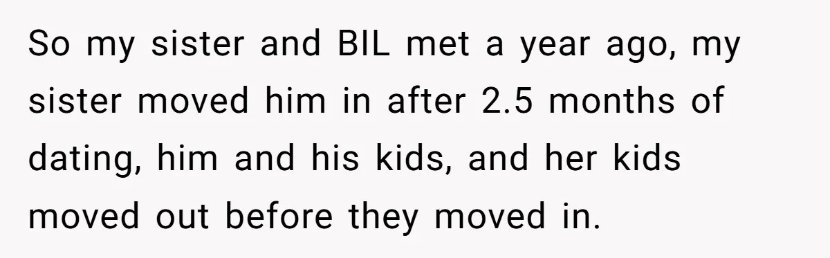 So my sister and BIL met a year ago, my sister moved him in after 2.5 months of dating, him and his kids, and her kids moved out before they...