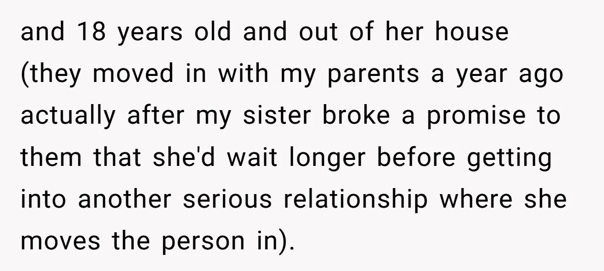 and 18 years old and out of her house (they moved in with my parents a year ago actually after my sister broke a promise to them that she'd wait...