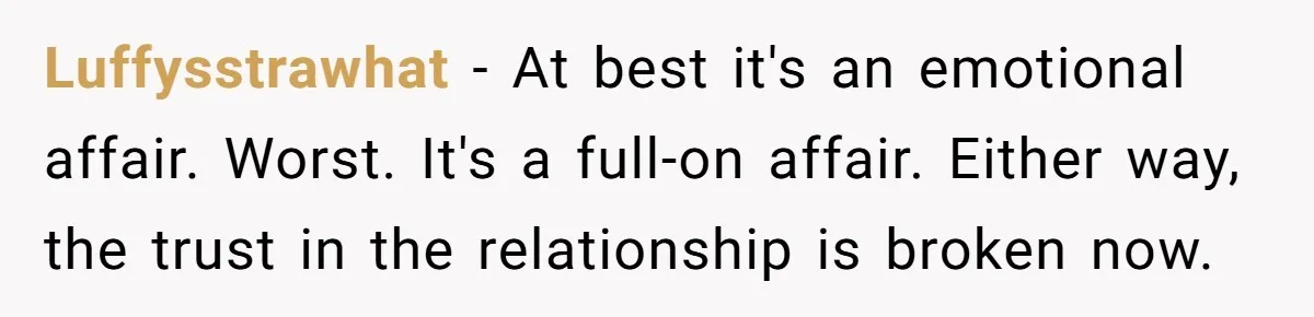 Luffysstrawhat − At best it's an emotional affair. Worst. It's a full-on affair. Either way, the trust in the relationship is broken now.