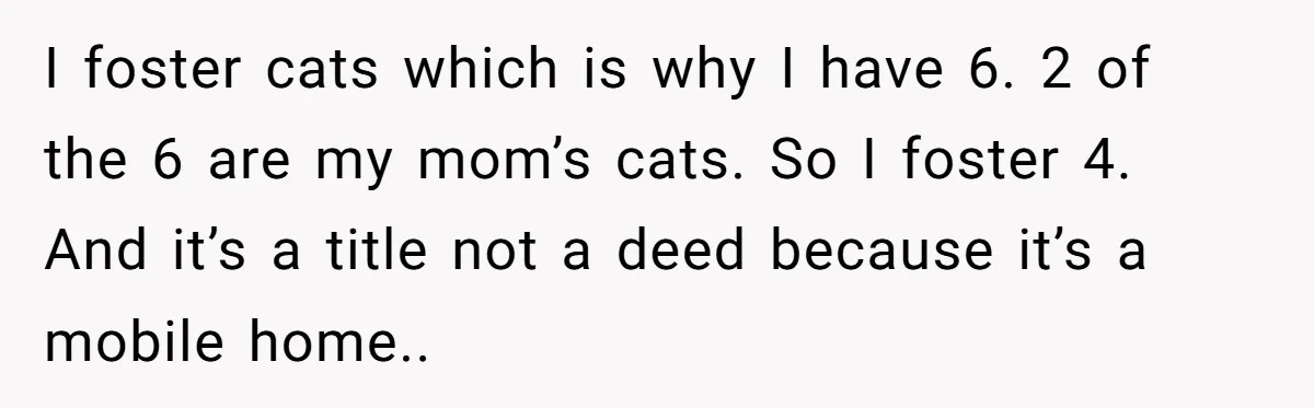 I foster cats which is why I have 6. 2 of the 6 are my mom’s cats. So I foster 4. And it’s a title not a deed because it’s...