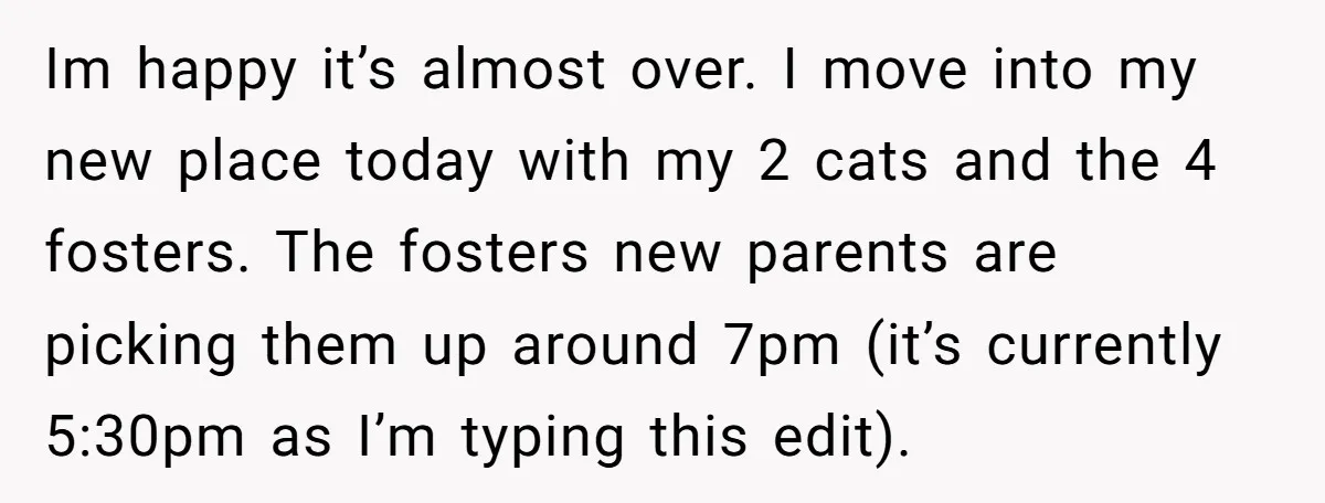 Im happy it’s almost over. I move into my new place today with my 2 cats and the 4 fosters. The fosters new parents are picking them up around 7pm...