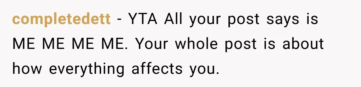 completedett − YTA All your post says is ME ME ME ME. Your whole post is about how everything affects you.