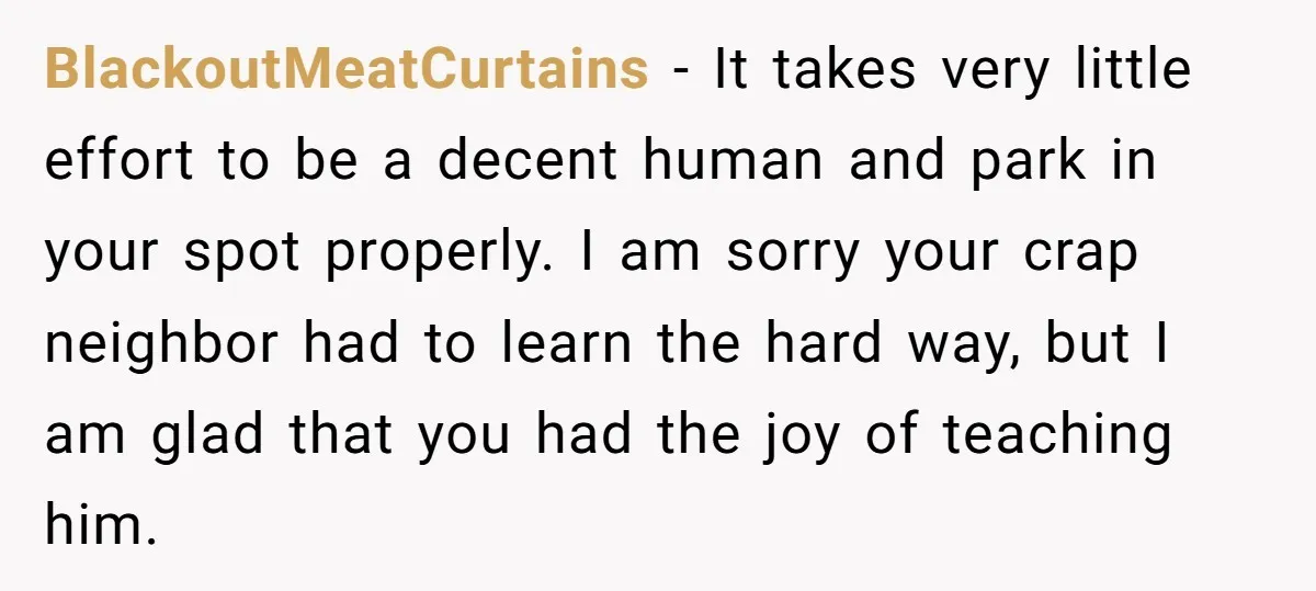BlackoutMeatCurtains − It takes very little effort to be a decent human and park in your spot properly. I am sorry your crap neighbor had to learn the hard way,...
