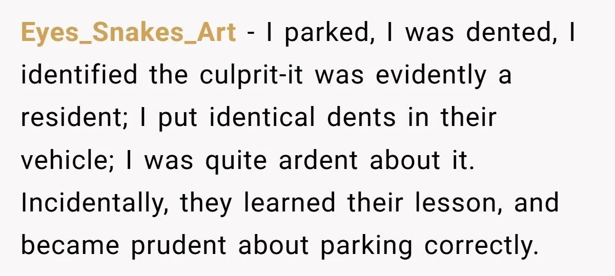 Eyes_Snakes_Art − I parked, I was dented, I identified the culprit-it was evidently a resident; I put identical dents in their vehicle; I was quite ardent about it. Incidentally, they...