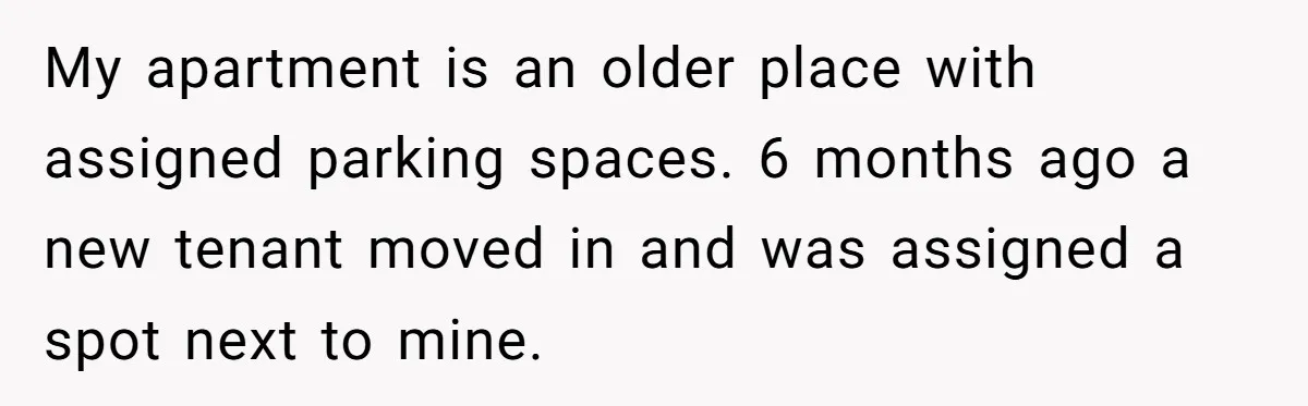 My apartment is an older place with assigned parking spaces. 6 months ago a new tenant moved in and was assigned a spot next to mine.