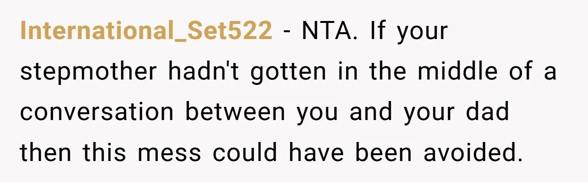 International_Set522 − NTA. If your stepmother hadn't gotten in the middle of a conversation between you and your dad then this mess could have been avoided.