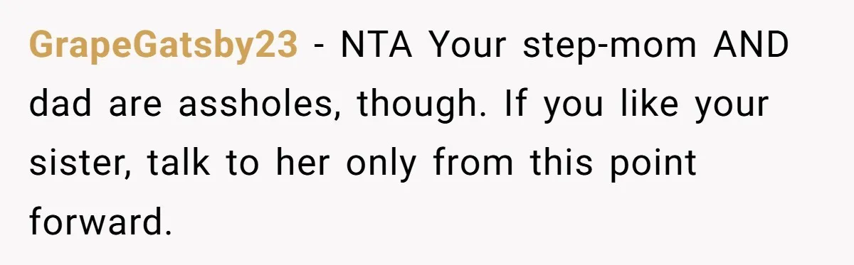 GrapeGatsby23 − NTA Your step-mom AND dad are assholes, though. If you like your sister, talk to her only from this point forward.