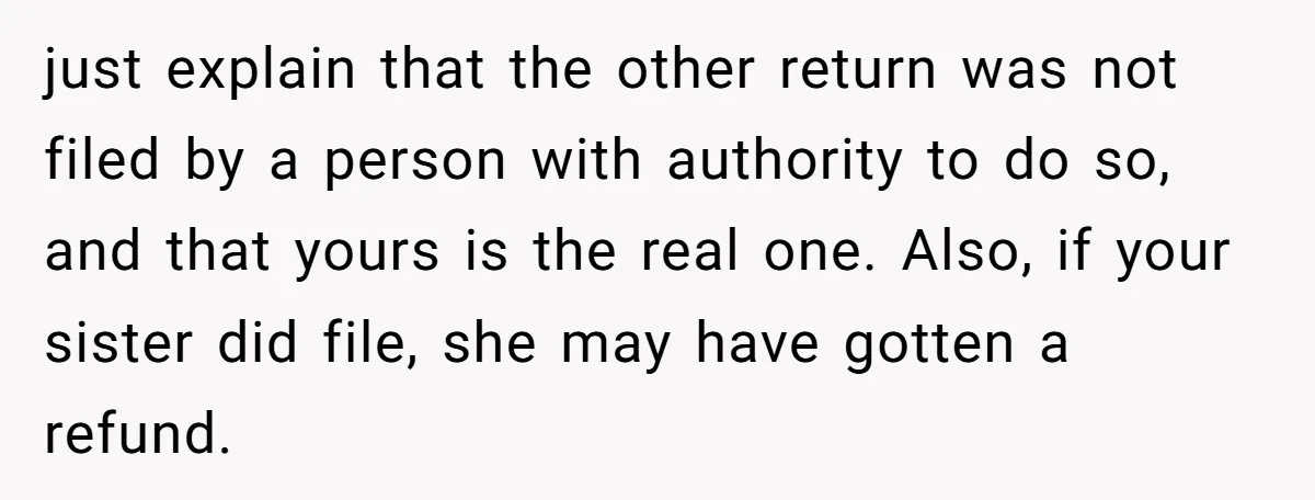 just explain that the other return was not filed by a person with authority to do so, and that yours is the real one. Also, if your sister did file,...