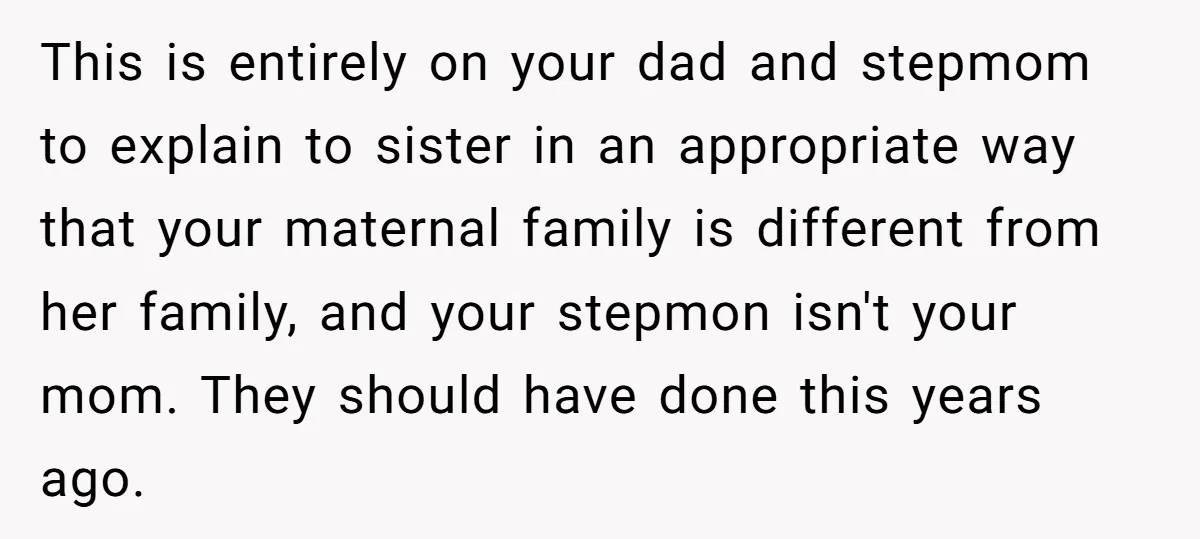 This is entirely on your dad and stepmom to explain to sister in an appropriate way that your maternal family is different from her family, and your stepmon isn't your...
