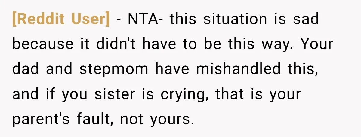 [Reddit User] − NTA- this situation is sad because it didn't have to be this way. Your dad and stepmom have mishandled this, and if you sister is crying, that...