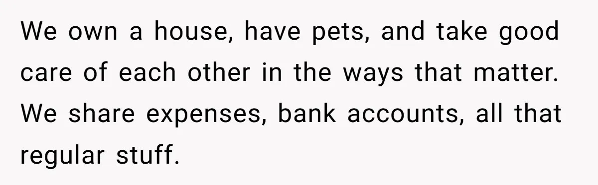 We own a house, have pets, and take good care of each other in the ways that matter. We share expenses, bank accounts, all that regular stuff.