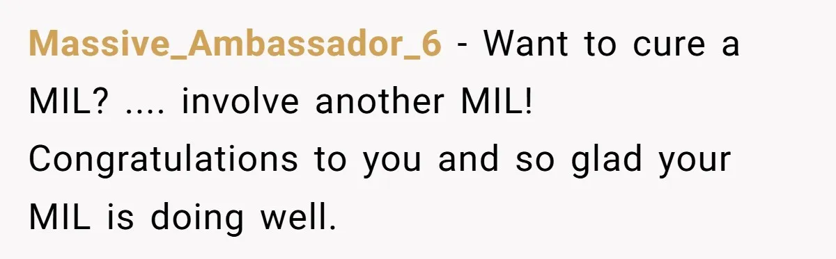 Massive_Ambassador_6 − Want to cure a MIL? .... involve another MIL! Congratulations to you and so glad your MIL is doing well.