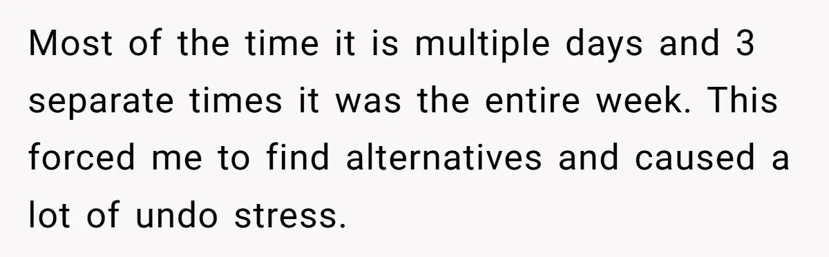 Most of the time it is multiple days and 3 separate times it was the entire week. This forced me to find alternatives and caused a lot of undo stress.
