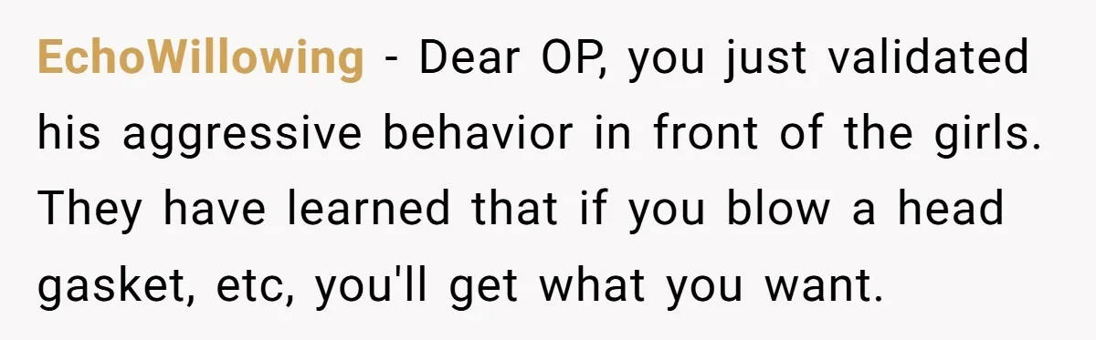 EchoWillowing − Dear OP, you just validated his aggressive behavior in front of the girls. They have learned that if you blow a head gasket, etc, you'll get what you...