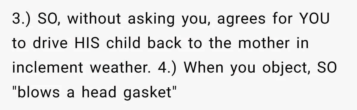 3.) SO, without asking you, agrees for YOU to drive HIS child back to the mother in inclement weather. 4.) When you object, SO "blows a head gasket"