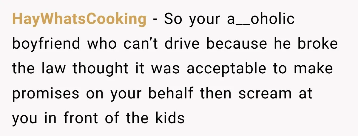 HayWhatsCooking − So your a__oholic boyfriend who can’t drive because he broke the law thought it was acceptable to make promises on your behalf then scream at you in front...