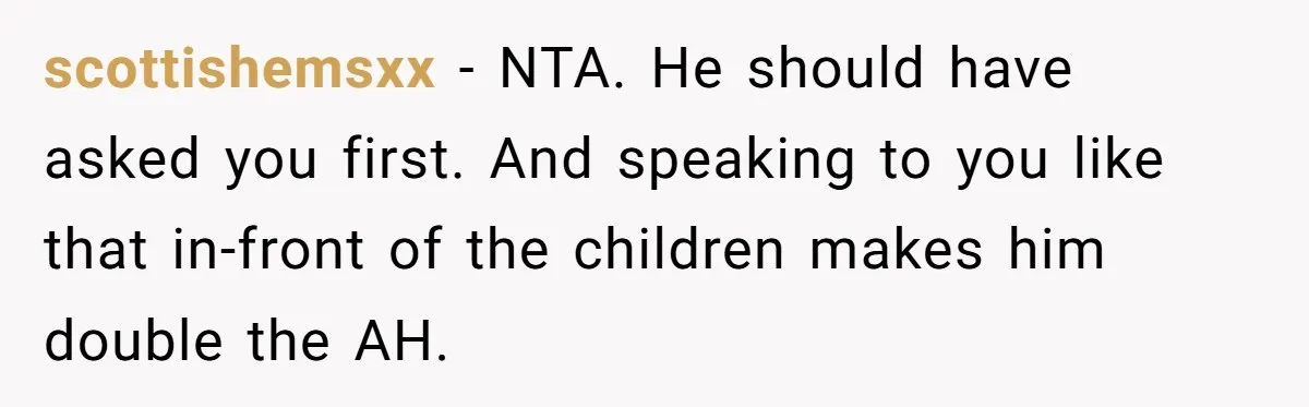 scottishemsxx − NTA. He should have asked you first. And speaking to you like that in-front of the children makes him double the AH.