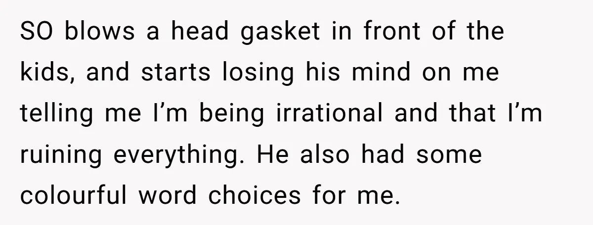 SO blows a head gasket in front of the kids, and starts losing his mind on me telling me I’m being irrational and that I’m ruining everything. He also had...