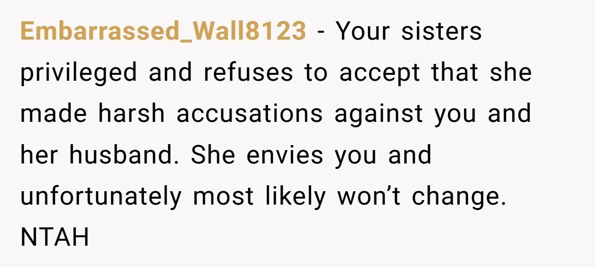 Embarrassed_Wall8123 − Your sisters privileged and refuses to accept that she made harsh accusations against you and her husband. She envies you and unfortunately most likely won’t change. NTAH