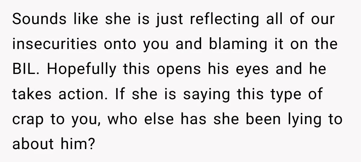 Sounds like she is just reflecting all of our insecurities onto you and blaming it on the BIL. Hopefully this opens his eyes and he takes action. If she is...