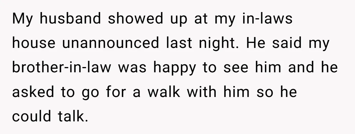 My husband showed up at my in-laws house unannounced last night. He said my brother-in-law was happy to see him and he asked to go for a walk with him...