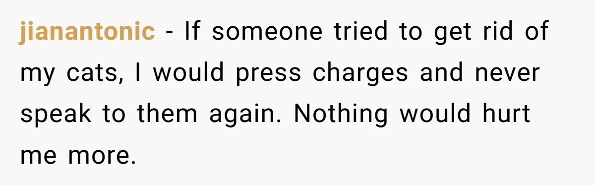 jianantonic − If someone tried to get rid of my cats, I would press charges and never speak to them again. Nothing would hurt me more.