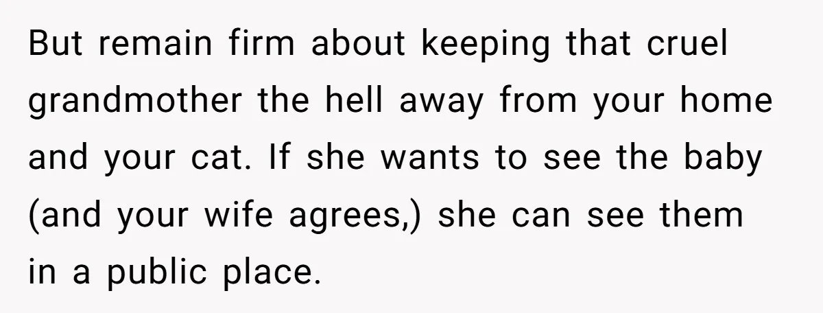 But remain firm about keeping that cruel grandmother the hell away from your home and your cat. If she wants to see the baby (and your wife agrees,) she can...