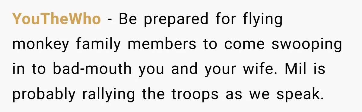 YouTheWho − Be prepared for flying monkey family members to come swooping in to bad-mouth you and your wife. Mil is probably rallying the troops as we speak.