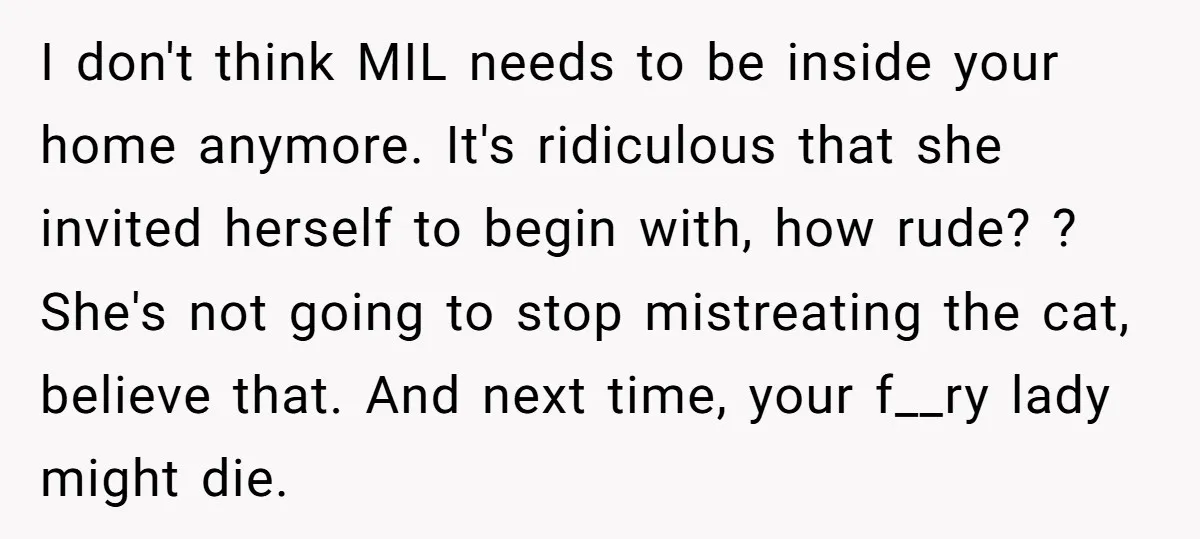 I don't think MIL needs to be inside your home anymore. It's ridiculous that she invited herself to begin with, how rude? ? She's not going to stop mistreating the...