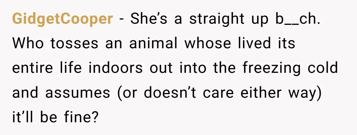 GidgetCooper − She’s a straight up b__ch. Who tosses an animal whose lived its entire life indoors out into the freezing cold and assumes (or doesn’t care either way) it’ll...
