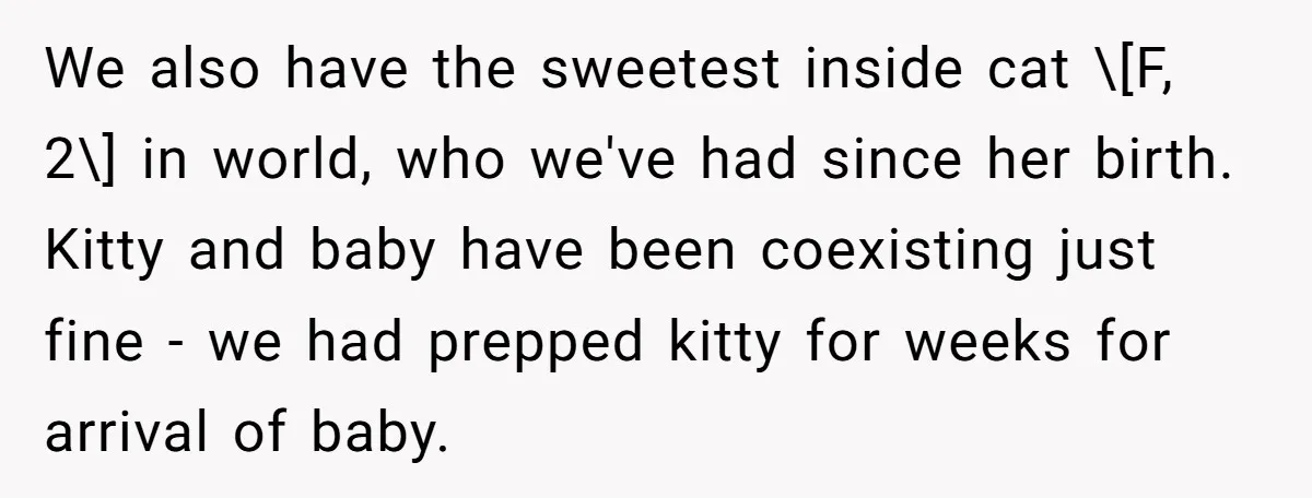 We also have the sweetest inside cat \[F, 2\] in world, who we've had since her birth. Kitty and baby have been coexisting just fine - we had prepped kitty...