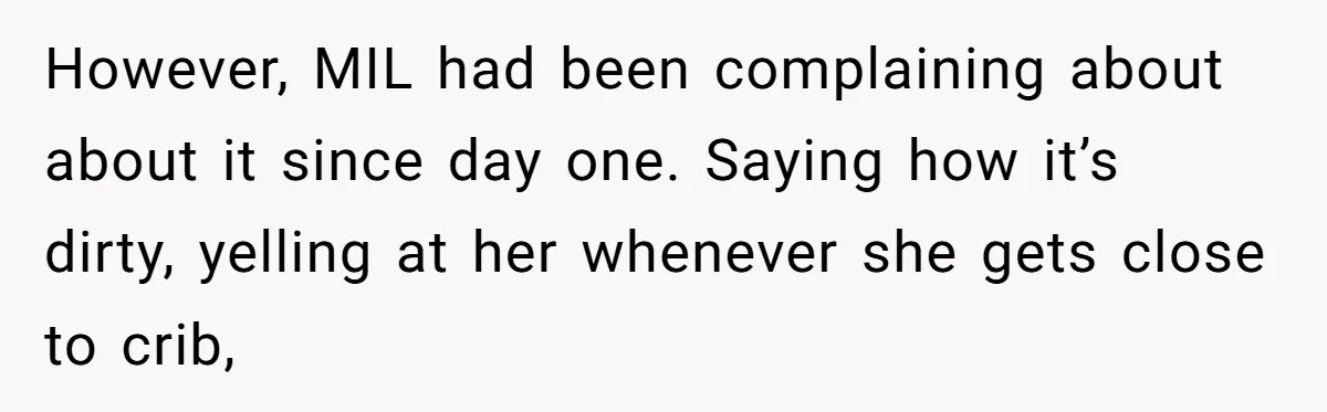 However, MIL had been complaining about about it since day one. Saying how it’s dirty, yelling at her whenever she gets close to crib,