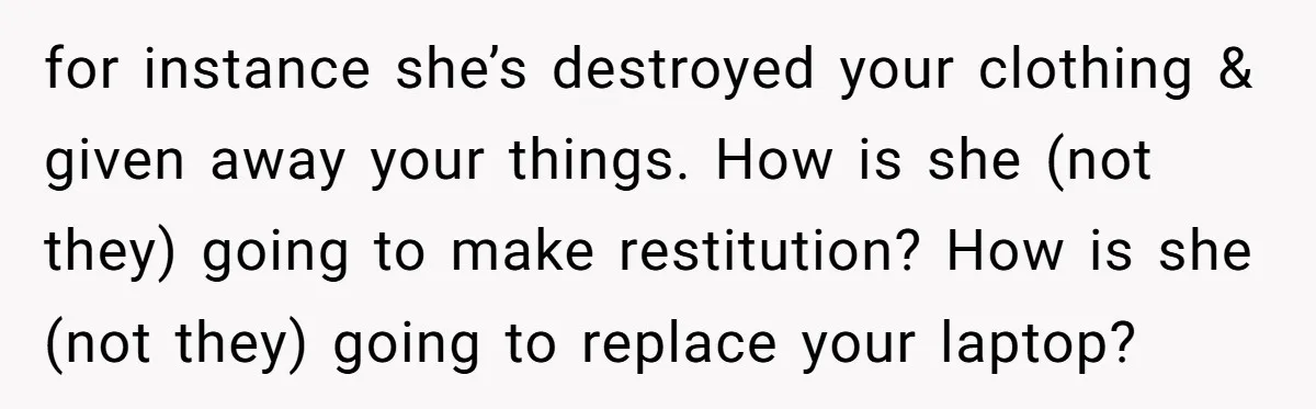for instance she’s destroyed your clothing & given away your things. How is she (not they) going to make restitution? How is she (not they) going to replace your laptop?