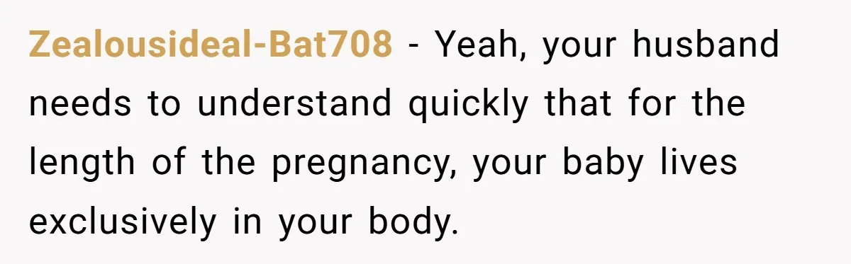 Zealousideal-Bat708 − Yeah, your husband needs to understand quickly that for the length of the pregnancy, your baby lives exclusively in your body.