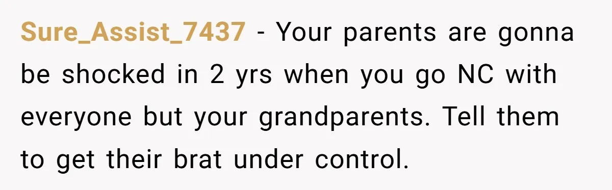 Sure_Assist_7437 − Your parents are gonna be shocked in 2 yrs when you go NC with everyone but your grandparents. Tell them to get their brat under control.