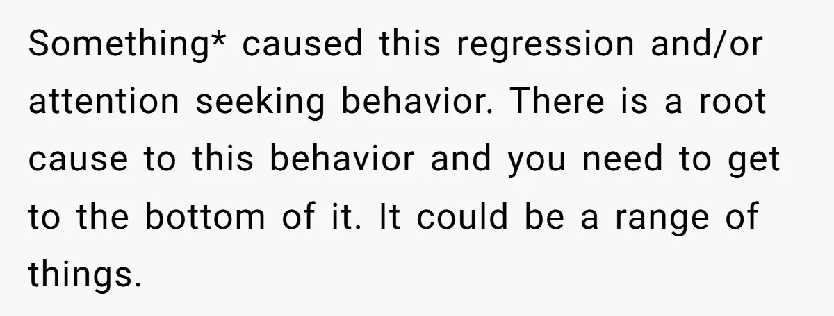 Something* caused this regression and/or attention seeking behavior. There is a root cause to this behavior and you need to get to the bottom of it. It could be a...