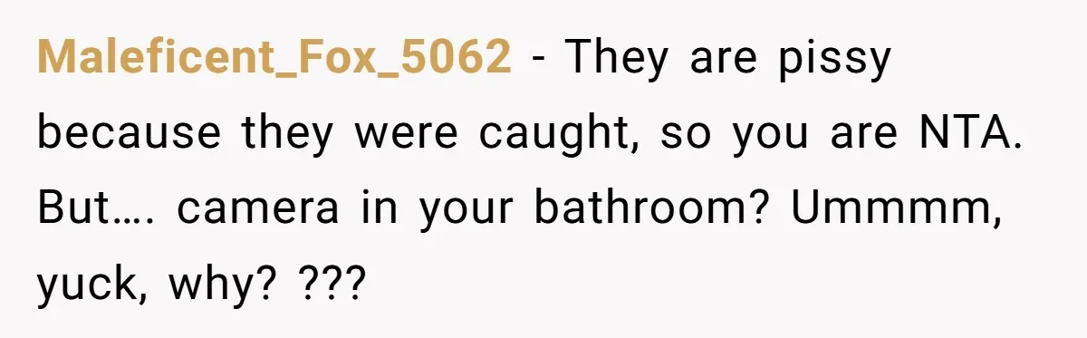 Maleficent_Fox_5062 − They are pissy because they were caught, so you are NTA. But…. camera in your bathroom? Ummmm, yuck, why? ???