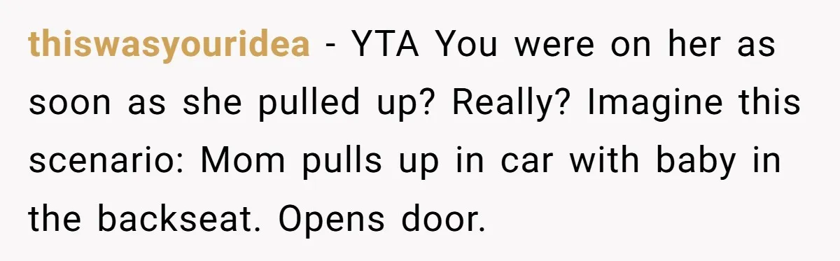thiswasyouridea − YTA You were on her as soon as she pulled up? Really? Imagine this scenario: Mom pulls up in car with baby in the backseat. Opens door.