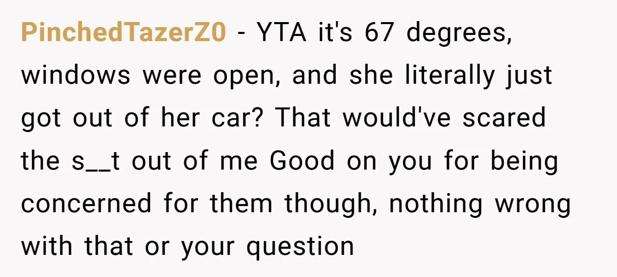 PinchedTazerZ0 − YTA it's 67 degrees, windows were open, and she literally just got out of her car? That would've scared the s__t out of me Good on you for...