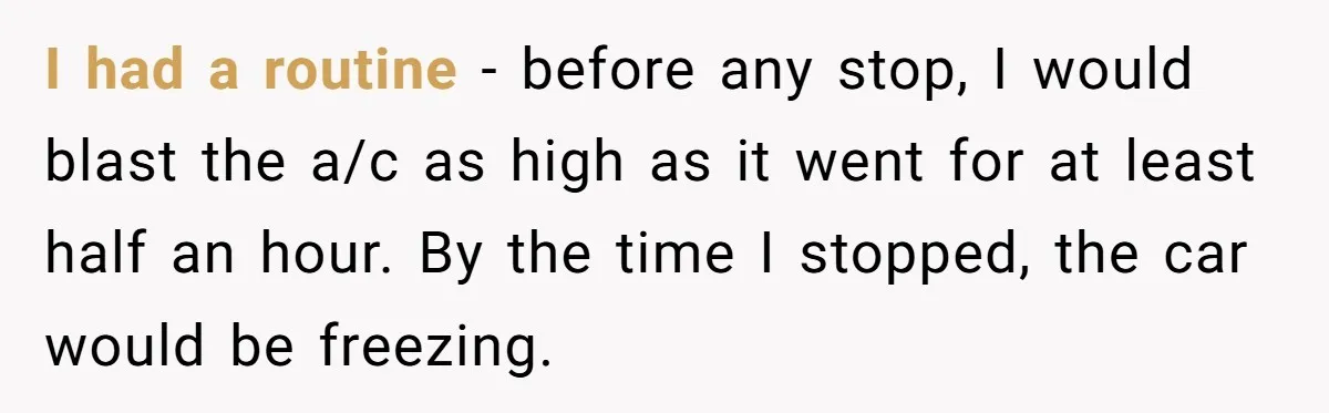 I had a routine - before any stop, I would blast the a/c as high as it went for at least half an hour. By the time I stopped, the...