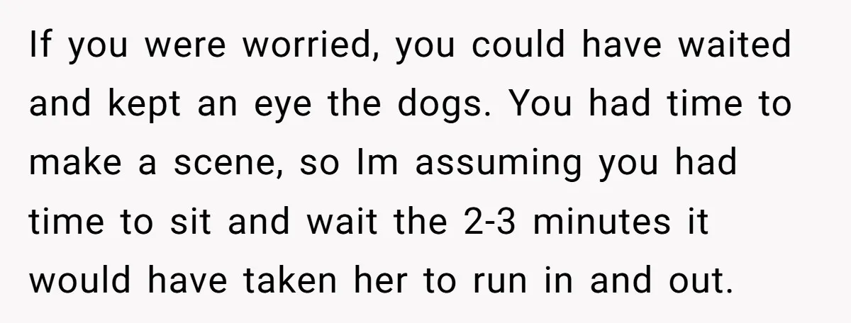 If you were worried, you could have waited and kept an eye the dogs. You had time to make a scene, so Im assuming you had time to sit and...