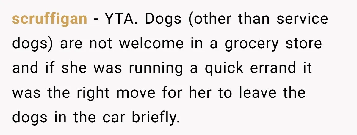 scruffigan − YTA. Dogs (other than service dogs) are not welcome in a grocery store and if she was running a quick errand it was the right move for her...