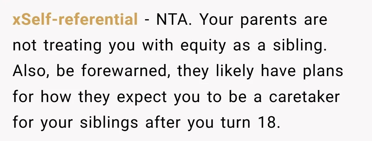 xSelf-referential − NTA. Your parents are not treating you with equity as a sibling. Also, be forewarned, they likely have plans for how they expect you to be a caretaker...